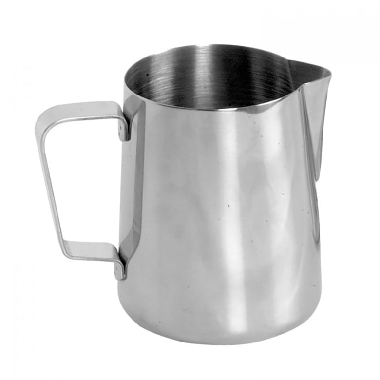 Thunder 66 oz, 5-1/8" Diameter Base x 6-3/4" Height, 2-1/8" Length x 3/4" Width Handle, Frothing Milk Pitcher, Stainless Steel, Mirror Finish, 2" hand grip space, Each