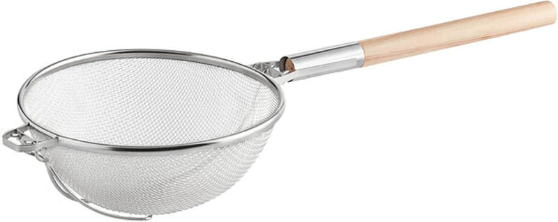 Thunder 13-3/4" Diameter x 8" Height, 19-3/4" Handle Length, Reinforced Fine Double Mesh Strainer, Nickel Plated Wire, Frame & Support with Round Wooden Handle, Extra Cross-Support, Each