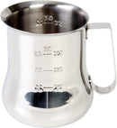 Thunder 40 oz, 4-1/4" Diameter Base x 5-1/2" Height, 3-2/3" Length x 2/3" Width Handle, Expresso Milk Pitcher with Measuring Scale, Stainless Steel, Mirror Finish, Each