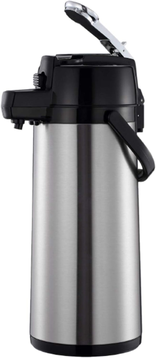 Thunder 2.2 Liter/74 oz, 6-1/4" Diameter Base x 16" Overall Length, Lever Top Decaf AirPot, Polypropylene Exterior (Black Color Body & Orange Cap), Glass Lined Interior, Each