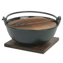 Thunder 24 oz, 5-3/4" Diameter x 2-3/8" Height, Nabemono Bowl with 3-3/8" Handle Height and Wooden Lid, Cast Iron with Non-Stick Coating, 4-3/4" x 4-5/8" x 1/4" Wooden Base Board, Each