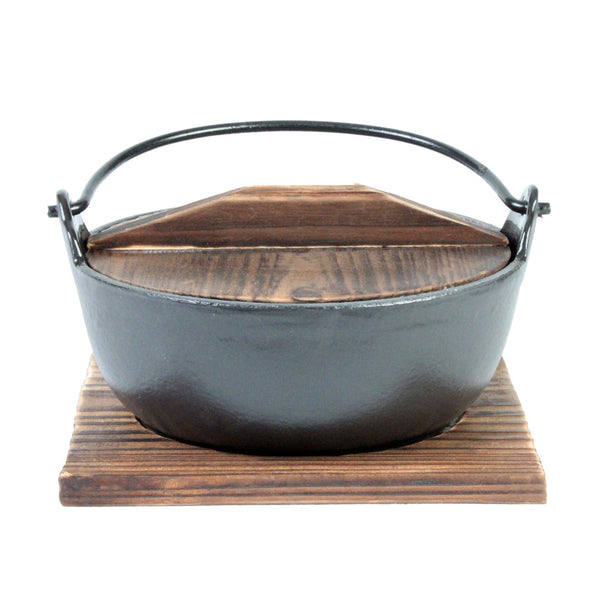 Thunder 32 oz, 6-3/4" Diameter x 2-1/2" Height, Nabemono Bowl with 4" Handle Height and Wooden Lid, Cast Iron with Non-Stick Coating and 6-5/8" x 6-5/8" x 1/4" Wooden Base Board, Each