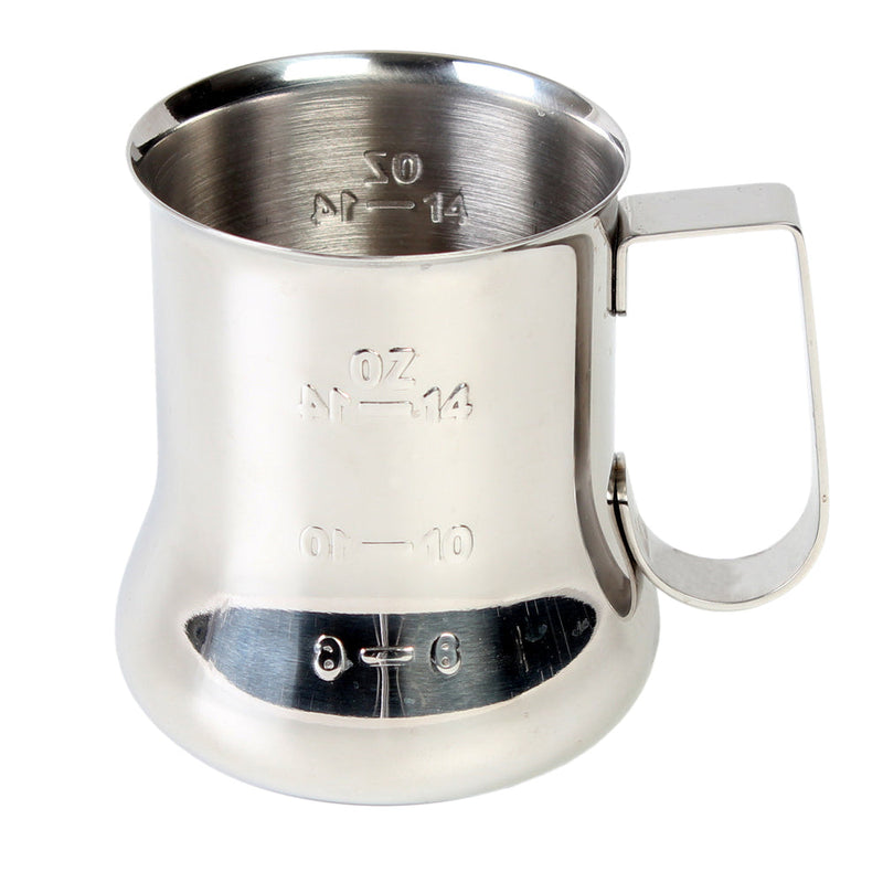 Thunder 18 oz, 3-1/2" Diameter Base x 4-1/8" Height, 2-7/8" Length x 3/4" Width Handle, Expresso Milk Pitcher with Measuring Scale, Stainless Steel, Mirror Finish, Each