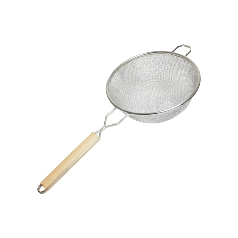 Thunder 10" Diameter x 5-1/2" Height, 13" Handle Length, Double Medium Mesh Strainer, Tin with Wooden Handle, Each