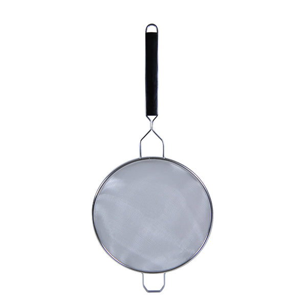 Thunder 10" Diameter x 4-1/8" Height, 10-3/4" Handle Length with 1-3/4" Front Hook Length, Double Medium Mesh Strainer, Stainless Steel 18/8, 304 Material with Black Color Polypropylene Handle, Each