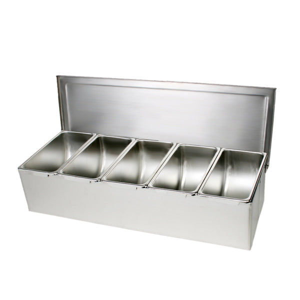 Thunder 14-7/8" x 5-7/8" x 3-3/8", 5 Compartment Condiment (Open Bottom), Stainless Steel 18-8, Each