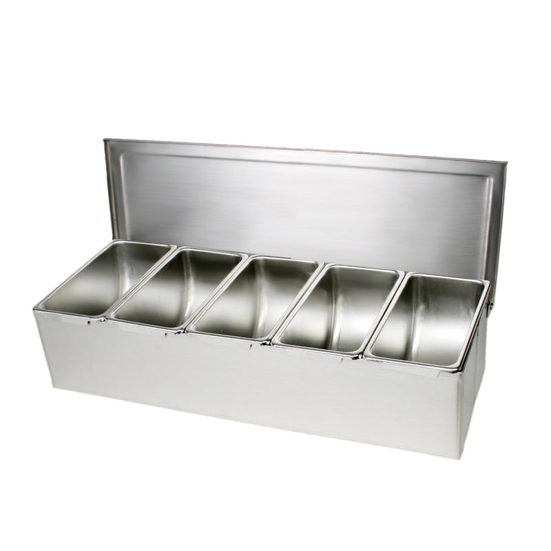 Thunder 14-7/8" x 5-7/8" x 3-3/8", 5 Compartment Condiment (Open Bottom), Stainless Steel 18-8, Each