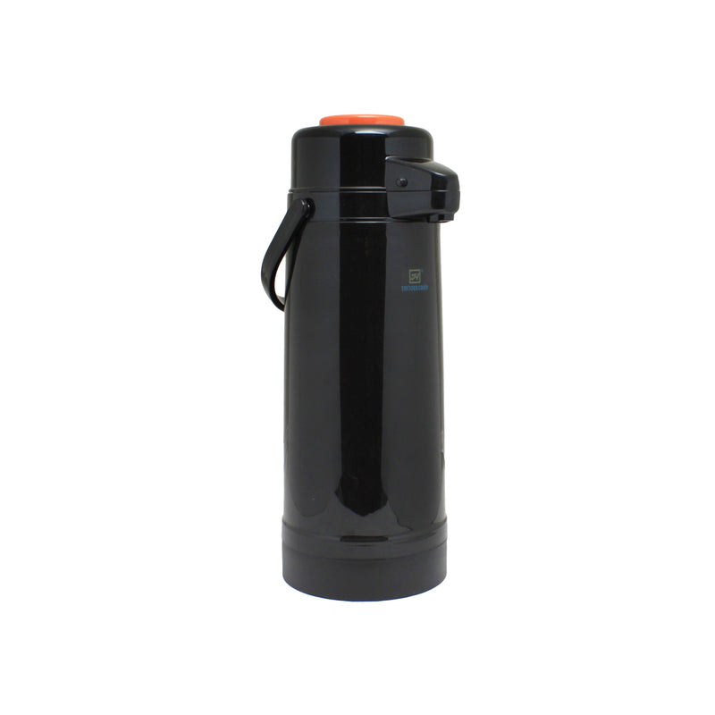Thunder 2.5 Liter/84 oz, 6-1/4" Diameter Base x 17" Overall Length, Push Button Decaf AirPot, Polypropylene Exterior (Black Color Body & Orange Cap), Glass Lined Interior, Each