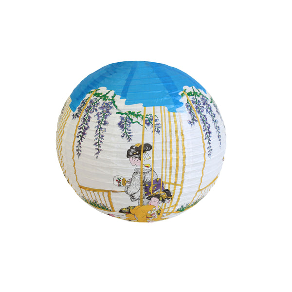 Thunder 16" Diameter, Paper Lantern with "Geisha" word, Bamboo Frame with Paper Cover, White/Blue Color, Each