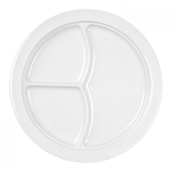 Thunder 10-1/4" Diameter X 3/4" Height, 3 Compartment Plate, White Color (No Lid), Melamine, Dozen