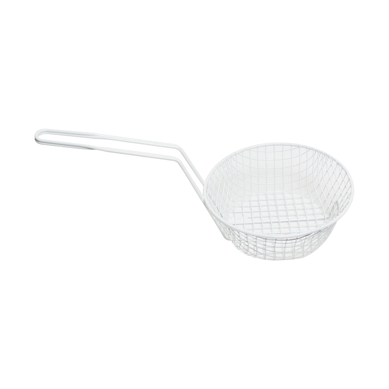 Thunder 8" Diameter x 3" Deep, 9" Handle Length, Round Coarse Mesh Breading Basket, Wire Steel Plated Iron with White Plastic Coated, Each