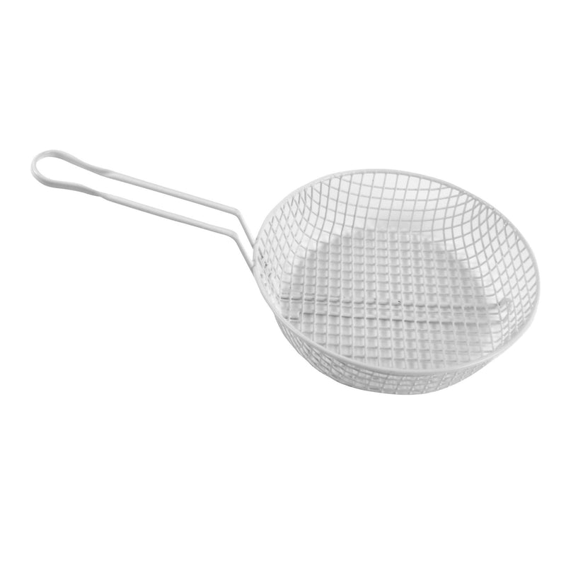Thunder 10" Diameter x 3" Deep, 9-1/4" Handle Length, Round Coarse Mesh Breading Basket, Wire Steel Plated Iron with White Plastic Coated, Each