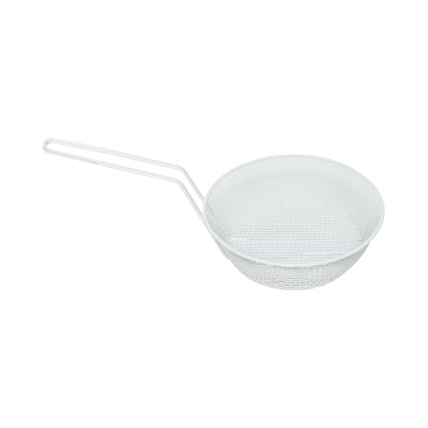 Thunder 10" Diameter x 3" Deep, 9-1/4" Handle Length, Round Medium Mesh Breading Basket, Wire Steel Plated Iron with White Plastic Coated, Each