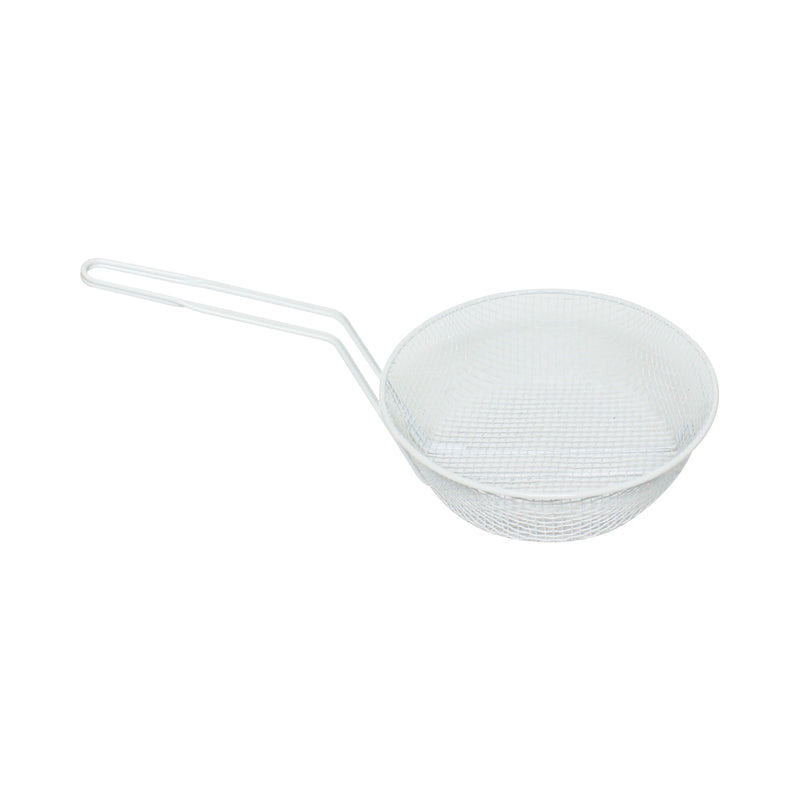 Thunder 10" Diameter x 3" Deep, 9-1/4" Handle Length, Round Medium Mesh Breading Basket, Wire Steel Plated Iron with White Plastic Coated, Each