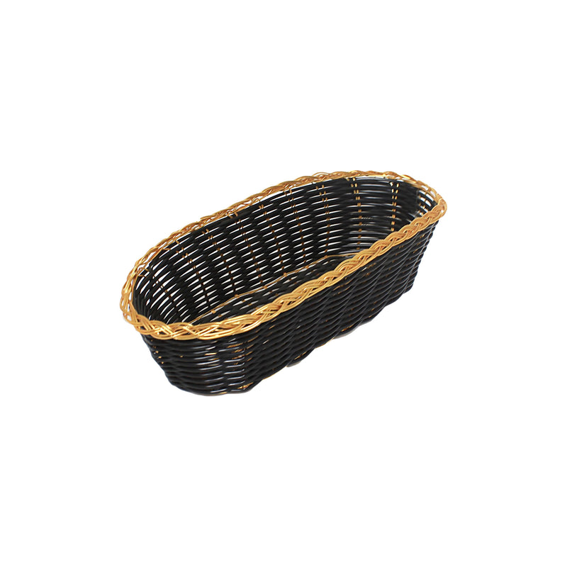 Thunder 8-1/4" x 4-1/4" x 2", Oblong Woven Bread Basket, Black Color with Gold Trim, Polypropylene Plus Polyethylene and Aluminum Wire, Each