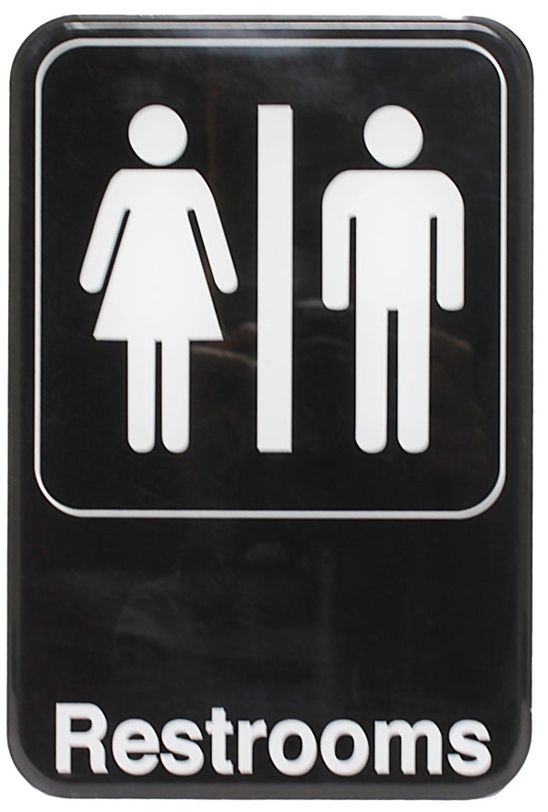 Thunder 6" x 9" x 1/8", Information Sign with Symbol, Restrooms, Acrylonitrile Styrene, Easy Peel Self-Adhesive, Each