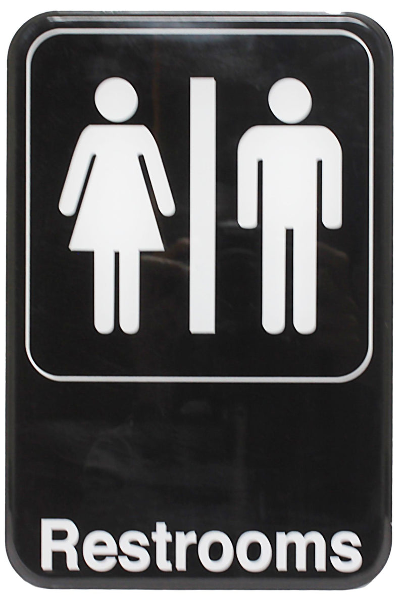 Thunder 6" x 9" x 1/8", Information Sign with Symbol, Restrooms, Acrylonitrile Styrene, Easy Peel Self-Adhesive, Each