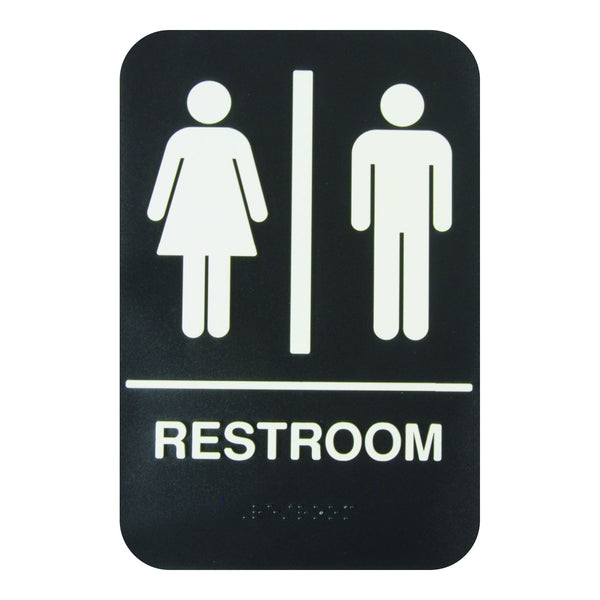 Thunder 6" x 9" x 1/8", Information Sign with Braille, Restroom, Acrylonitrile Styrene, Easy Peel Self-Adhesive, Braille, Each