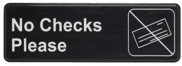 Thunder 9" x 3" x 1/8", Information Sign with Symbol, No Checks Please, Acrylonitrile Styrene, Easy Peel Self-Adhesive, Each