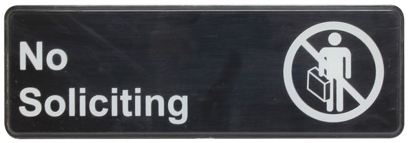 Thunder 9" x 3" x 1/8", Information Sign with Symbol, No Soliciting, Acrylonitrile Styrene, Easy Peel Self-Adhesive, Each
