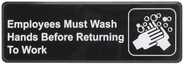 Thunder 9" x 3" x 1/8", Information Sign with Symbol, Employees Must Wash Hands Before Returning to Work, Acrylonitrile Styrene, Easy Peel Self-Adhesive, Each