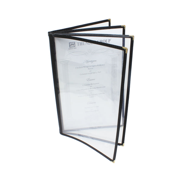 Thunder 4 Page Book Fold Menu Cover, Long, 8-1/2" x 14", Black Color Trim, Faux Leather, PolyVinyl Chloride & Polyurethane, Each