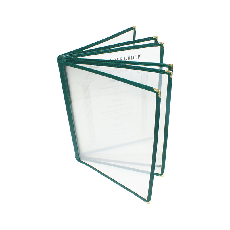Thunder 6 Page Book Fold Menu Cover, 8-1/2" x 11", Green Color Trim, Faux Leather, PolyVinyl Chloride & Polyurethane, Each