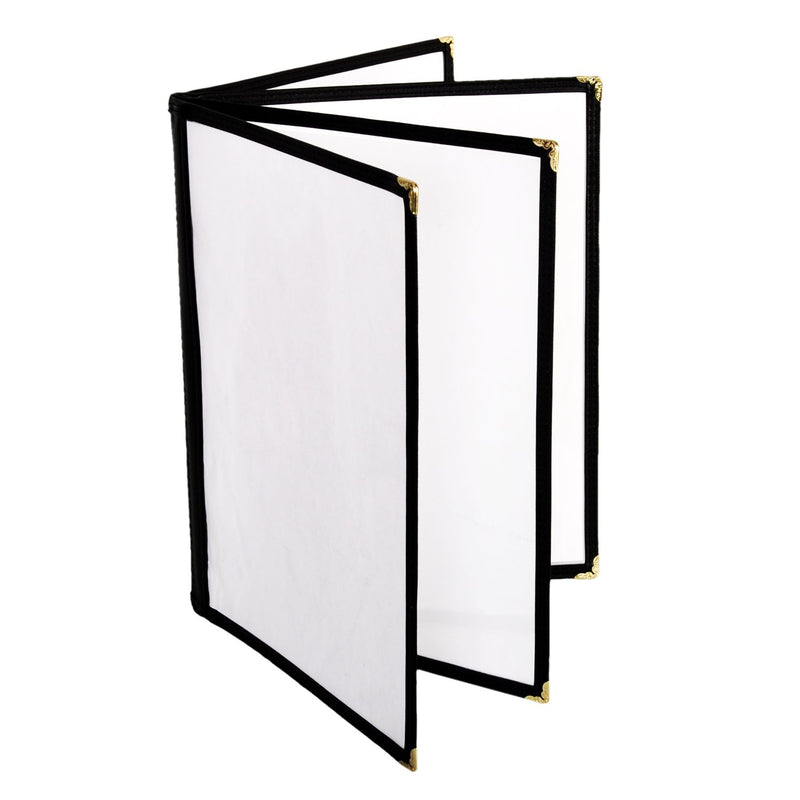 Thunder 4 Page Book Fold Menu Cover, 8-1/2" x 11", Black Color Trim, Faux Leather, PolyVinyl Chloride & Polyurethane, Each