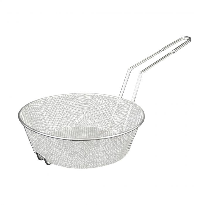 Thunder 12" Diameter x 3" Height, 9-1/8" Handle Length, Round Fine Mesh Culinary Basket, Nickle Plated Wire Frame with Secured Welded Handle, Each