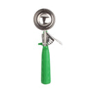 Thunder 2-2/3 oz, No. 12, 9-1/4" x 3-1/8" x 1-1/2", Disher, Green Color, Stainless Steel 18/8, 304 Material with Polypyrene Triangle Handle, NSF, Each