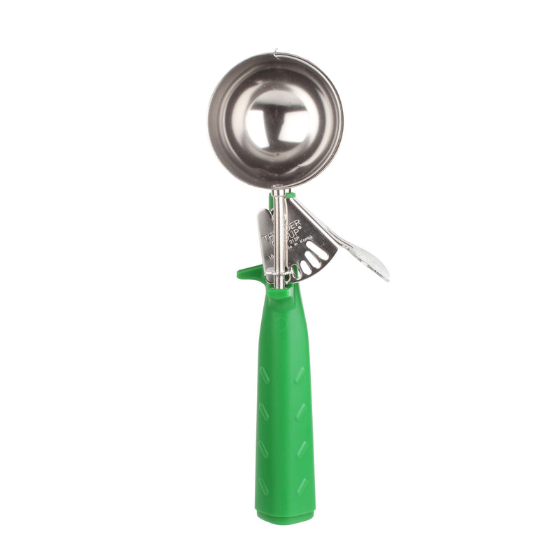 Thunder 2-2/3 oz, No. 12, 9-1/4" x 3-1/8" x 1-1/2", Disher, Green Color, Stainless Steel 18/8, 304 Material with Polypyrene Triangle Handle, NSF, Each