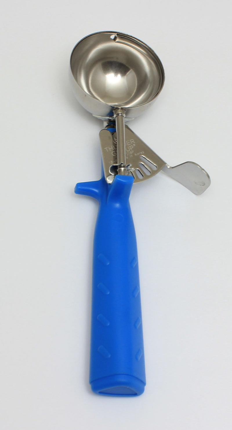Thunder 2 oz, No. 16, 9" x 3" x 1-3/8", Disher, Blue Color, Stainless Steel 18/8, 304 Material with Polypyrene Triangle Handle, NSF, Each