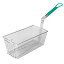 Thunder 13" x 6-3/8" x 5-3/8", Rectangular Fry Basket, Nickel Plated, with Under Cross-Support, Green Coated Handle Length: 11-3/8", Handle Height: 2-7/8", Open Handle Hook: 3" x 1", Each