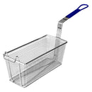 Thunder 13-3/8" x 5-3/4" x 5-1/2", Rectangular Fry Basket, Nickel Plated, with Under Cross-Support, Blue Coated Handle Length: 10-1/2", Handle Height: 3-3/8", Open Handle Hook: 3" x 3/4", Each