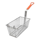 Thunder 12-1/8" x 6-1/4" x 5-1/4", Rectangular Fry Basket, Nickel Plated, with Under Cross-Support, Orange Coated Handle Length: 10-1/4", Handle Height: 3-3/4", Open Front Hook: 3-1/8" x 3/4", Each
