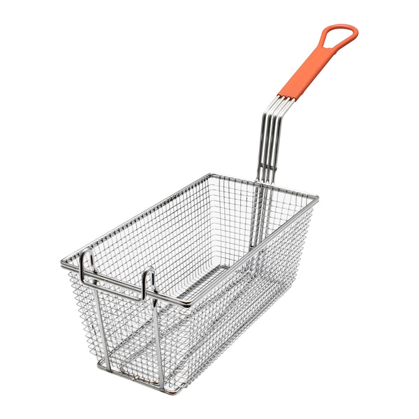 Thunder 12-1/8" x 6-1/4" x 5-1/4", Rectangular Fry Basket, Nickel Plated, with Under Cross-Support, Orange Coated Handle Length: 10-1/4", Handle Height: 3-3/4", Open Front Hook: 3-1/8" x 3/4", Each