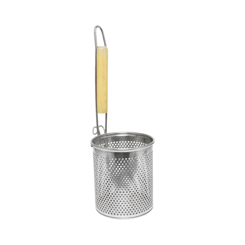 Thunder 5-1/2" x 6-1/8" Height, Round Flat Bottom Noodle Skimmer, Stainless Steel Mesh with 8-1/4" length of Wooden Handle, Each