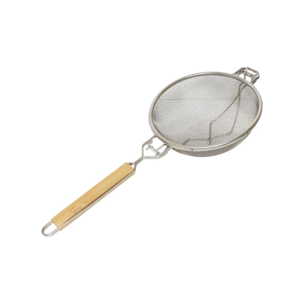 Thunder 10-1/2" Diameter x 6-3/8" Height, 13" Handle Length, Reinforced Fine Double Mesh Strainer, Nickel Plated Wire, Frame & Support with Flat Wooden Handle, Extra Cross-Support, Each