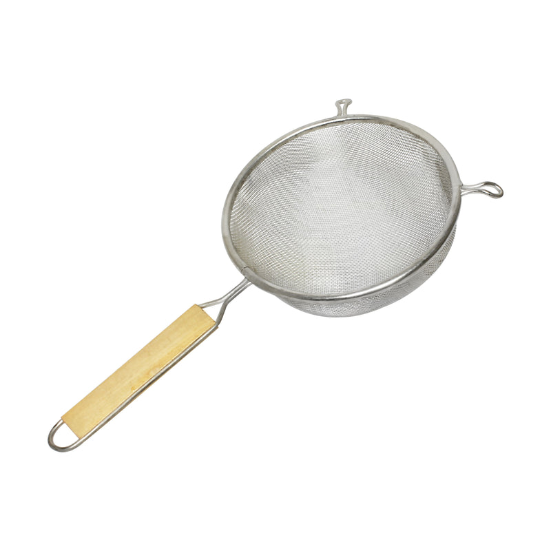 Thunder 8" Diameter x 3" Height, 6-1/2" Handle Length, Fine Single Mesh Strainer, Stainless Steel Mesh with Flat Wooden Handle, Each
