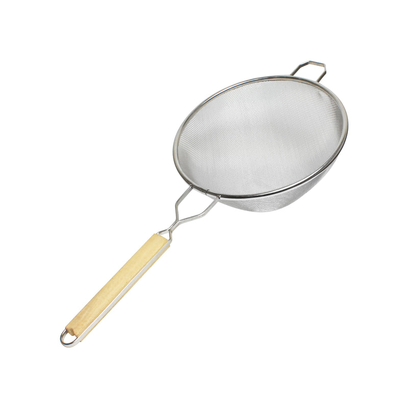 Thunder 10" Diameter x 4-1/8" Height, 10-3/4" Handle Length, Single Fine Mesh Strainer, Stainless Steel Mesh with Flat Wooden Handle, Each
