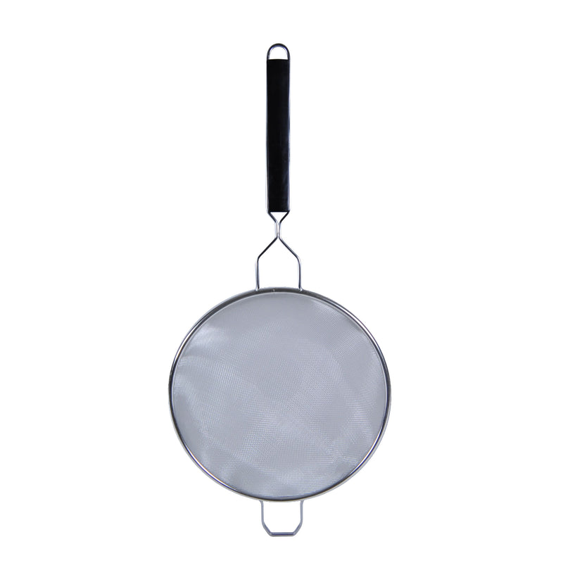 Thunder 10" Diameter x 4-1/8" Height, 10-3/4" Handle Length with 1-3/4" Front Hook Length, Single Fine Mesh Strainer, Stainless Steel 18/8, 304 Material with Black Color Polypropylene Handle, Each