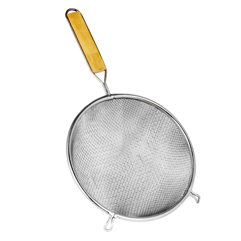 Thunder 6" Diameter x 2-1/2" Height, 6-1/2" Handle Length, Double Fine Mesh Strainer, Stainless Steel Mesh with Flat Wooden Handle, Each