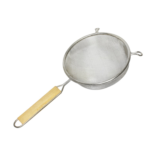 Thunder 8" Diameter x 3" Height, 6-1/2" Handle Length, Single Medium Mesh Strainer, Stainless Steel Mesh with Flat Wooden Handle, Each