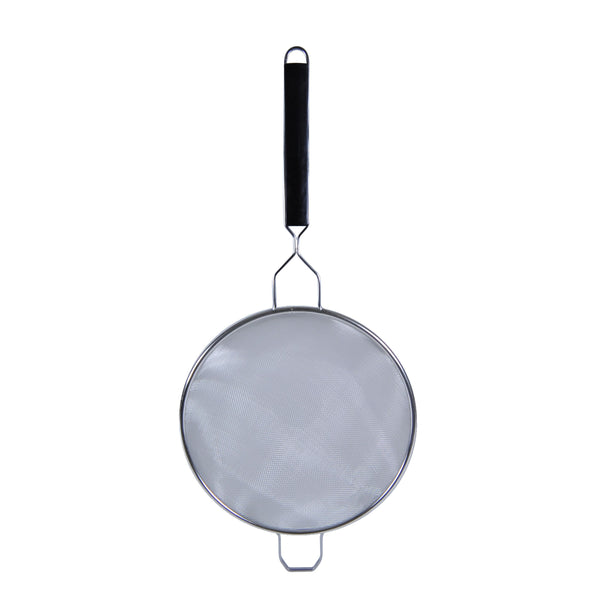 Thunder 10" Diameter x 4-1/8" Height, 10-3/4" Handle Length with 1-3/4" Front Hook Length, Single Medium Mesh Strainer, Stainless Steel 18/8, 304 Material with Black Color Polypropylene Handle, Each