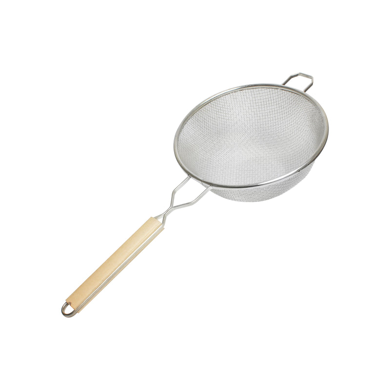 Thunder 10" Diameter x 4-1/8" Height, 10-3/4" Handle Length, Double Medium Mesh Strainer, Stainless Steel Mesh with Flat Wooden Handle, Each