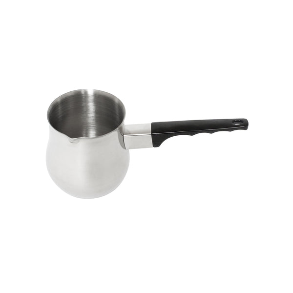 Thunder 12 oz, 3-1/7" Diameter x 3-1/2" Height, 4-3/4" Black Easy-Grip Handle, Turkish Coffee Decanter, Stainless Steel, Mirror Finished, Each