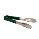 Thunder 10" x 4-5/8" x 1-1/2", Tong, Green Color, Stainless Steel Body with Non-Slip PolyVinyl Chloride Coated Handles, Each