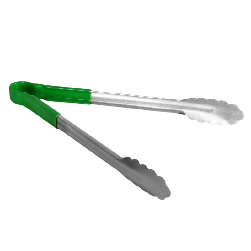 Thunder 12" x 7-3/4" x 1-1/2", Tong, Green Color, Stainless Steel Body with Non-Slip PolyVinyl Chloride Coated Handles, Each